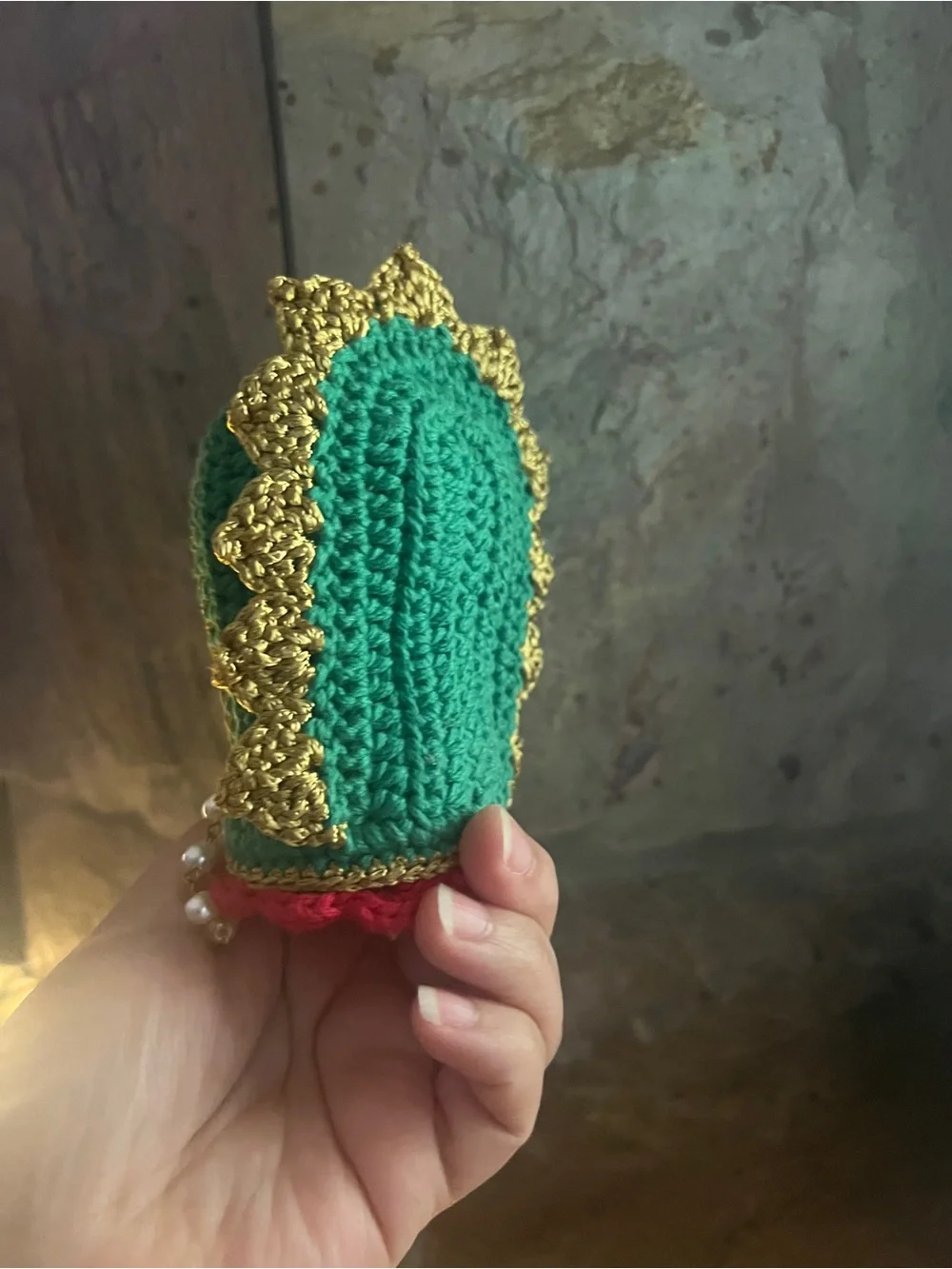 Handmade Crocheted Virgin Mary Doll with Green and Gold Hood